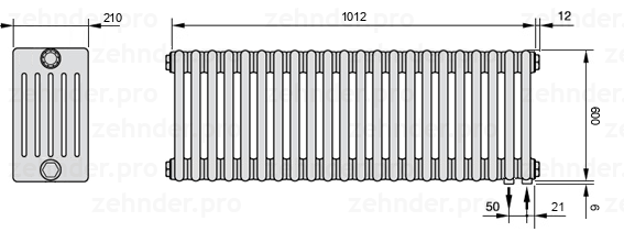 Схема (чертеж) Радиатор Zehnder Charleston 6060/22 №5510 Белый глянцевый RAL 9016